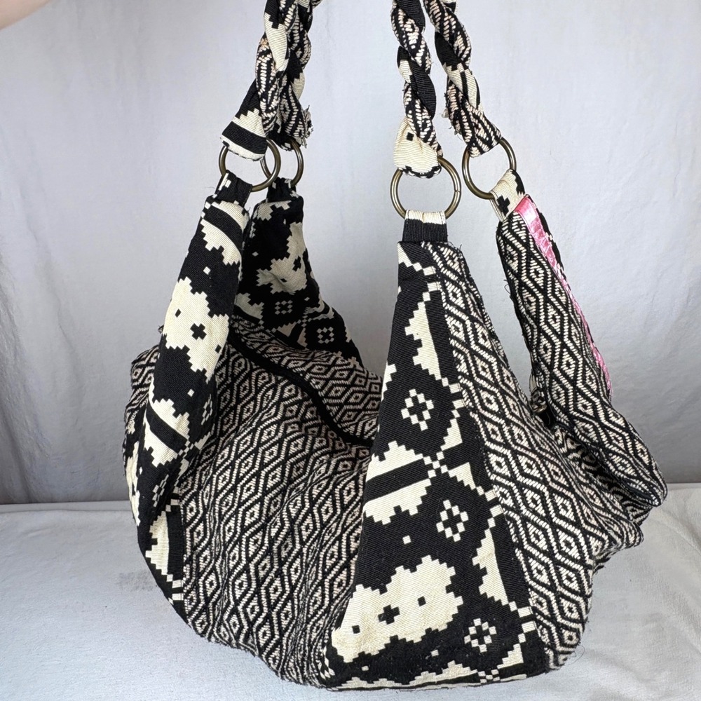 Stela 9 Shiva Boho Hobo Bag Geometric Black Ivory Braided Handle Shoulder Bag - Picture 2 of 16